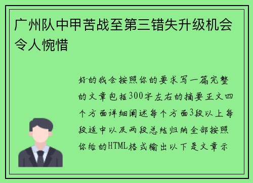 广州队中甲苦战至第三错失升级机会令人惋惜